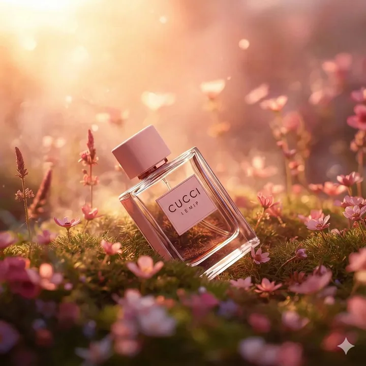 Essence luxueuse ultra-réaliste dans une mer de fleurs onirique