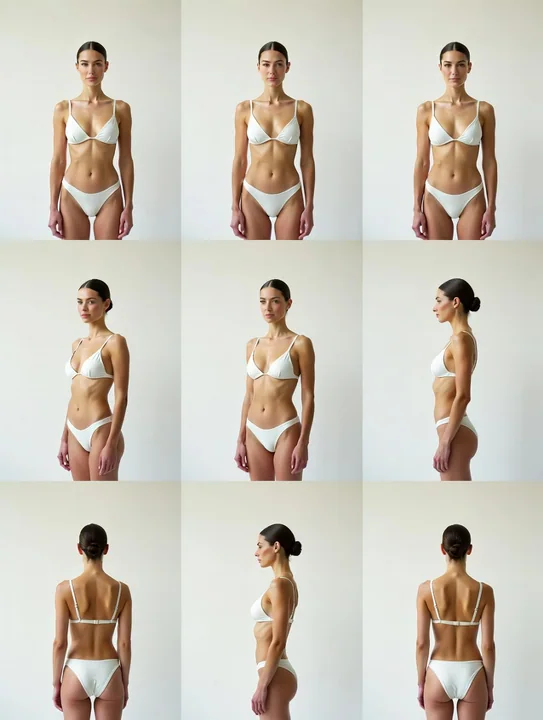 Modèle de maillot de bain dans un studio photo minimaliste en blanc, 9 cases