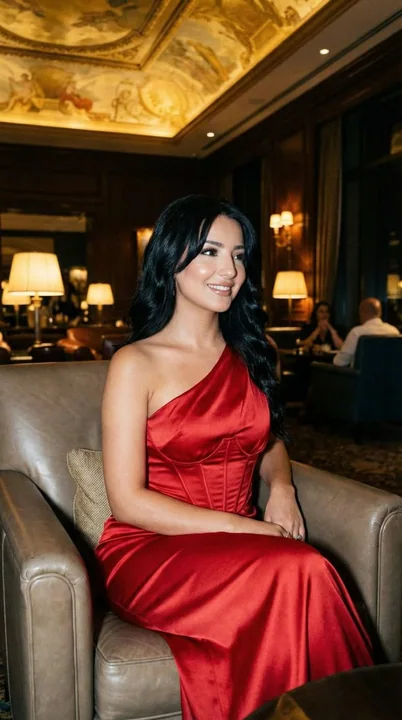 صور مغرية من فستان أحمر في بار فاخر في الليل