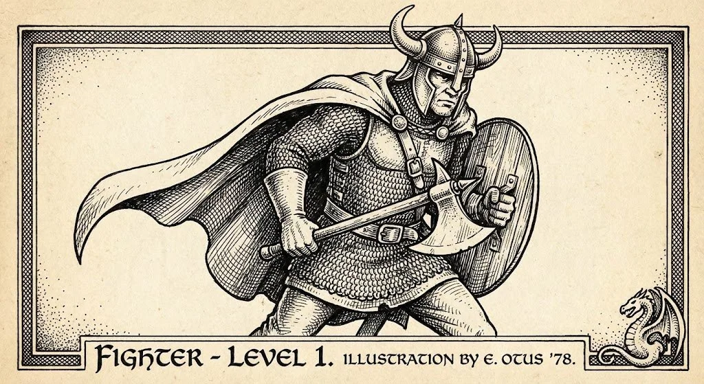 Retro Black and White Dragon and Dungeon Fantasy Warrior