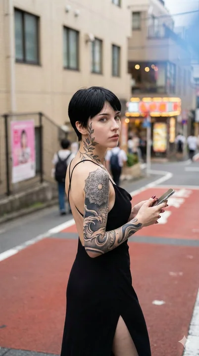 ジャパニーズストリートの振り返りをしたタトゥーの黒いスカートの少女