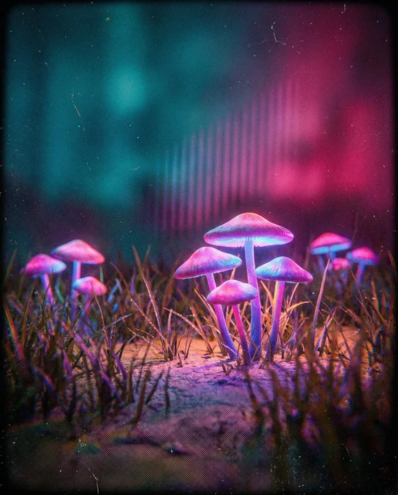 Champignons lumineux sous les néons flous