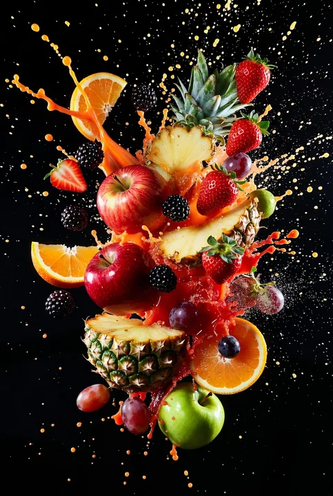 Fête de fruits frais et de jus qui jaillissent