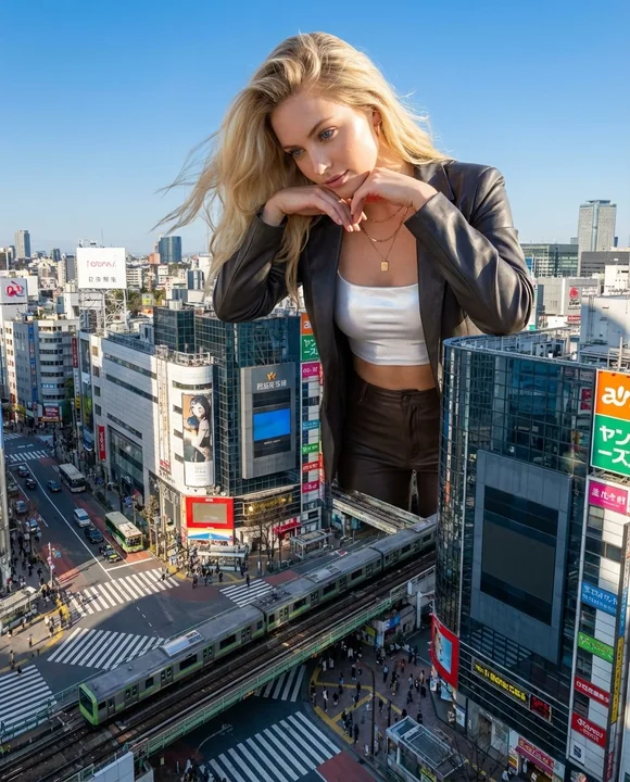 渋谷の頂点:金髪の巨女がくつろぎながら世間を俯瞰