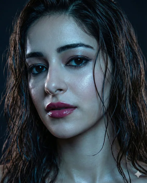 Fille au regard humide, en gros plan sous les lumières blues.