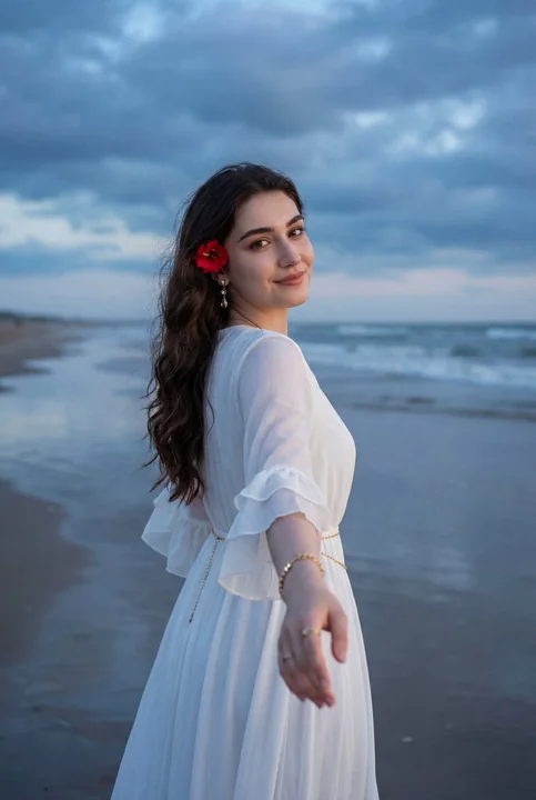 The Deepening Sky, the White Dress Girl's Passionate Glance Back at the Beach