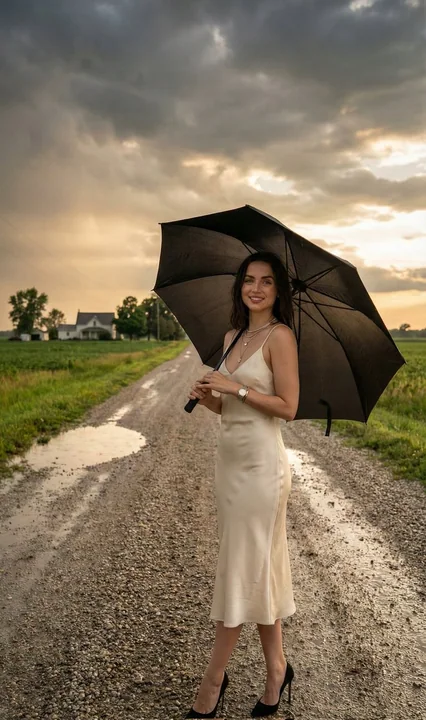 金发美人走在暮雨泥泞的路上