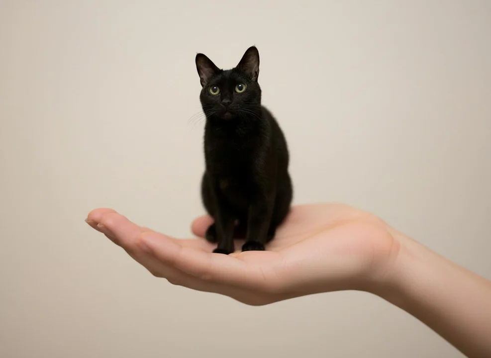 Top-down close-up of a tiny, cute pet's expression on the palm of the hand