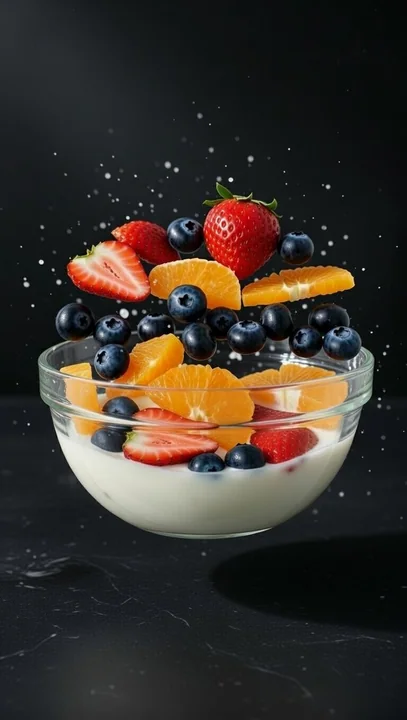 Movie-style fruit salad with suspended juice splashes