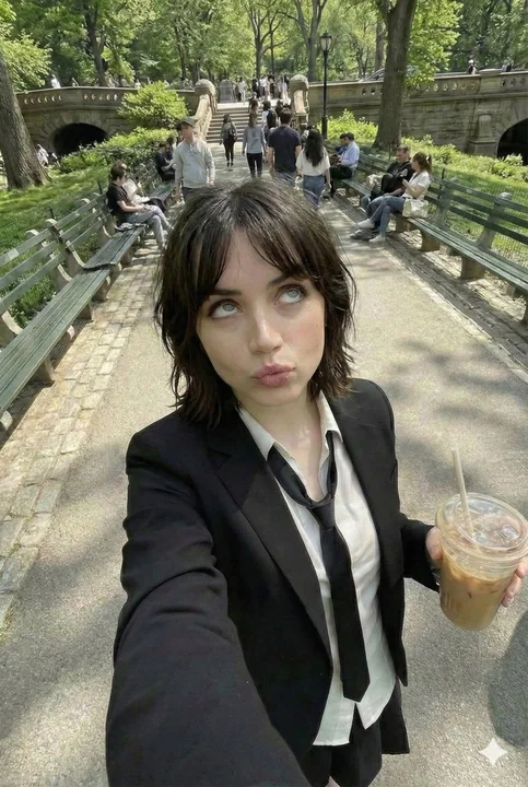 雀斑の少女が斑駁な木の影の下でアイスコーヒーを飲む