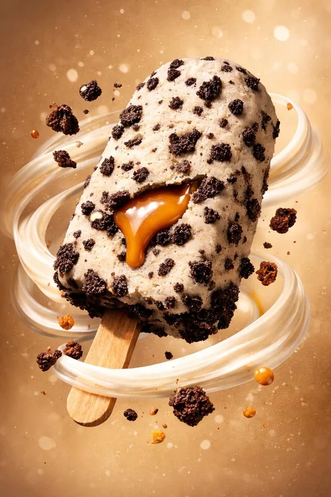 Photographie de desserts haut de gamme : un moment figé de crème glacée au caramel qui se répand
