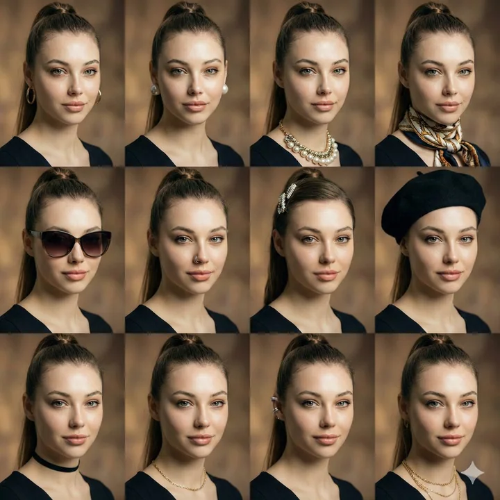 12 аксессуаров, портретная фотография с лицом, коллаж