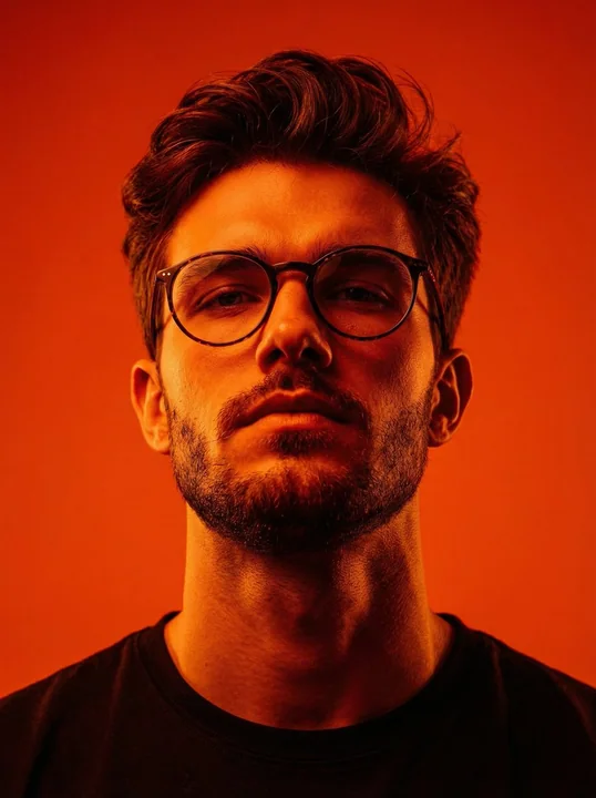 Low-angle authoritative male figure against an orange-red background