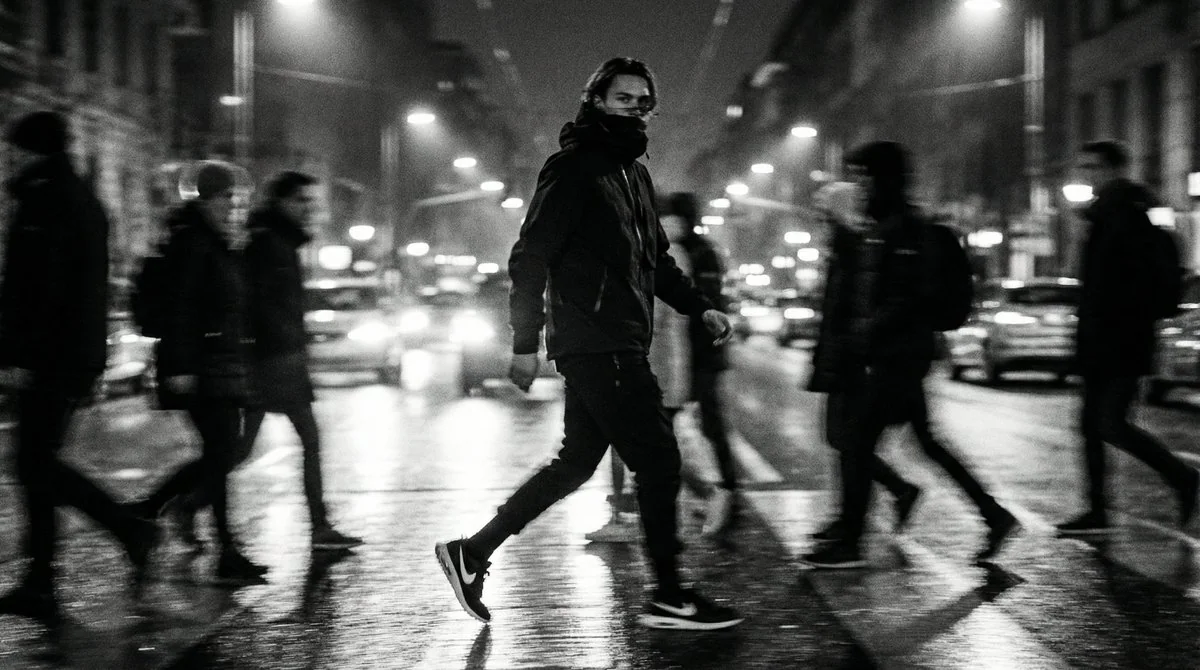 Rainy Night Street Dynamic Blur Black and White Fashion Shoot