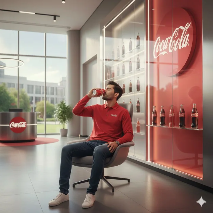 The vibrant moment of freely drinking red can Coca-Cola in the lobby.