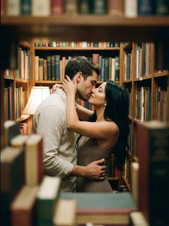القبلة المبهورة في شارع الكتب المضاء بالضوء الدافئ