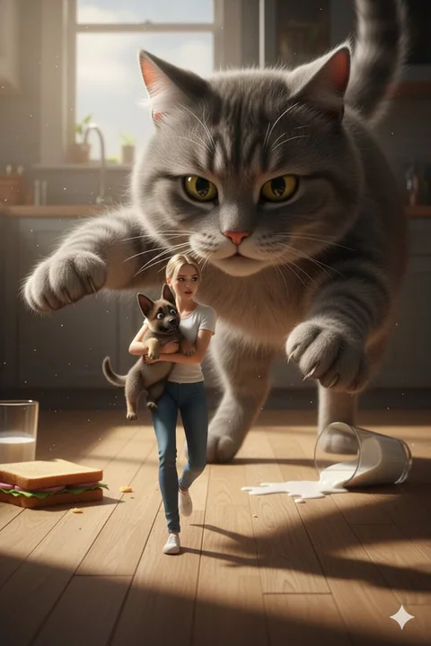 Giant Cat Pursuit: The Miniature Woman Rushing with a Puppy in Her Arms