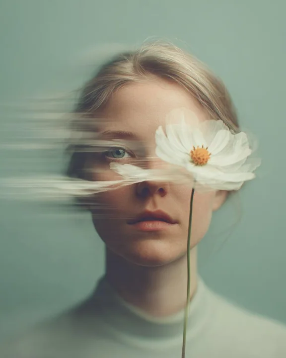 灰绿色花朵的影子中梦幻少女的肖像