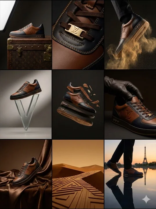 Chaussures de sport avant-gardistes Louis Vuitton, foulant les poussières d'or