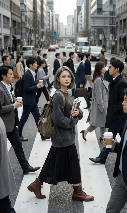 街头繁华中的静止少女