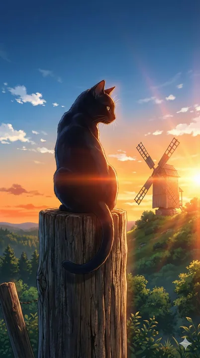 夕焼けの逆光の中で振り返る黒猫