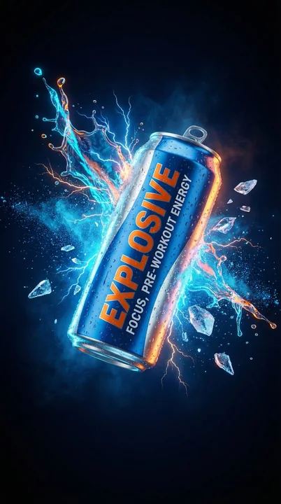 Canette d'énergie entourée d'une cascade de glace néon