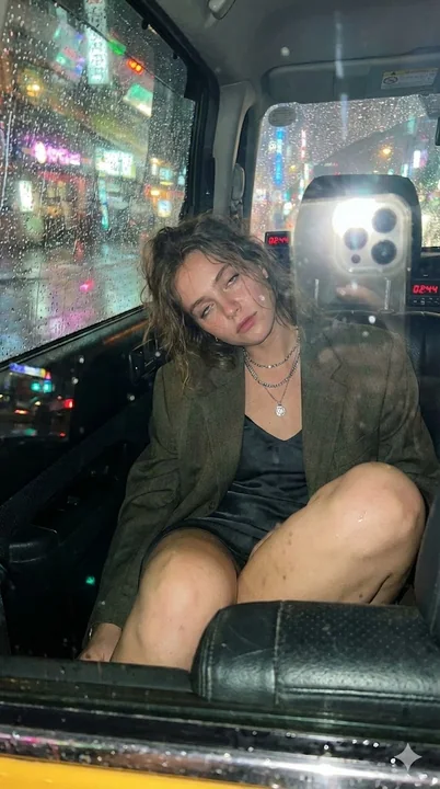 雨の夜、タクシーの中のくつろぎながら魅力的な少女