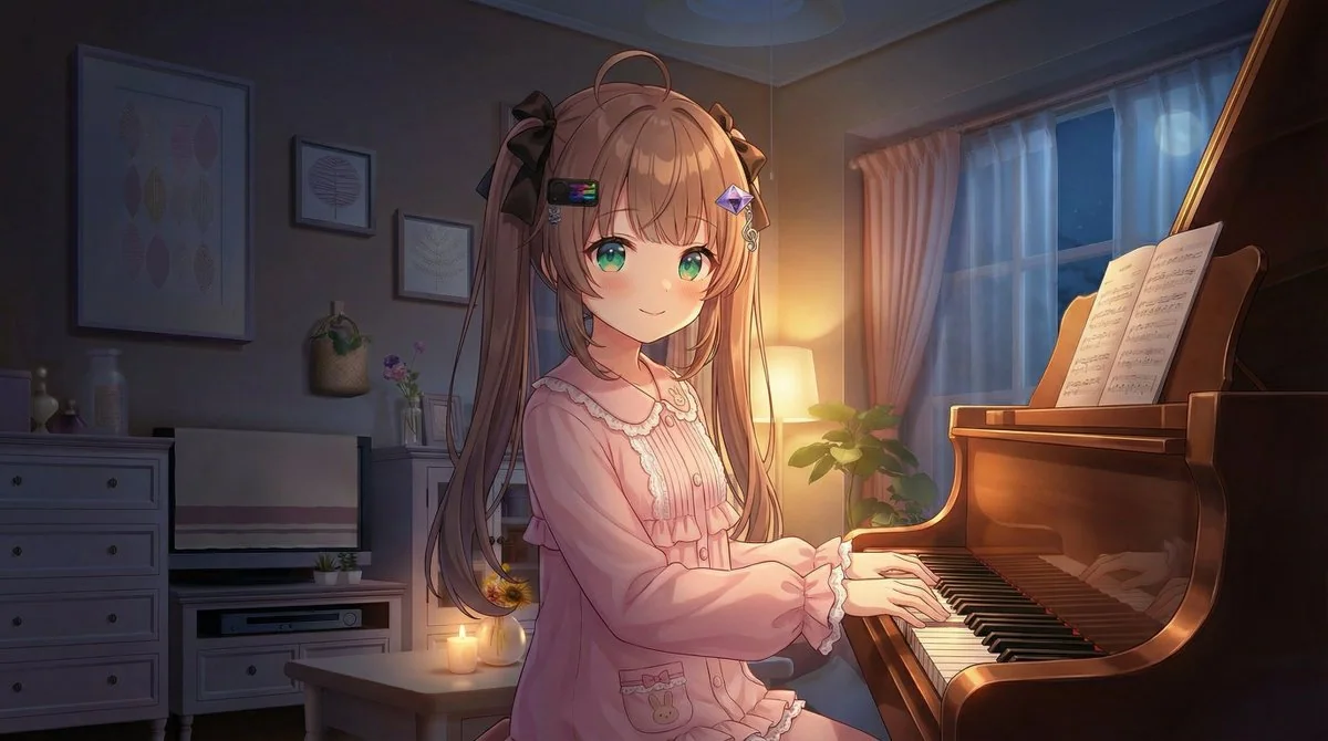 深夜钢琴时光,暖灯下