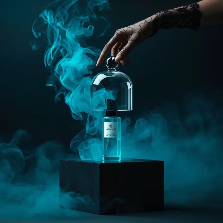 Découvrez la bouteille de parfum luxueux dans une brume bleu foncé