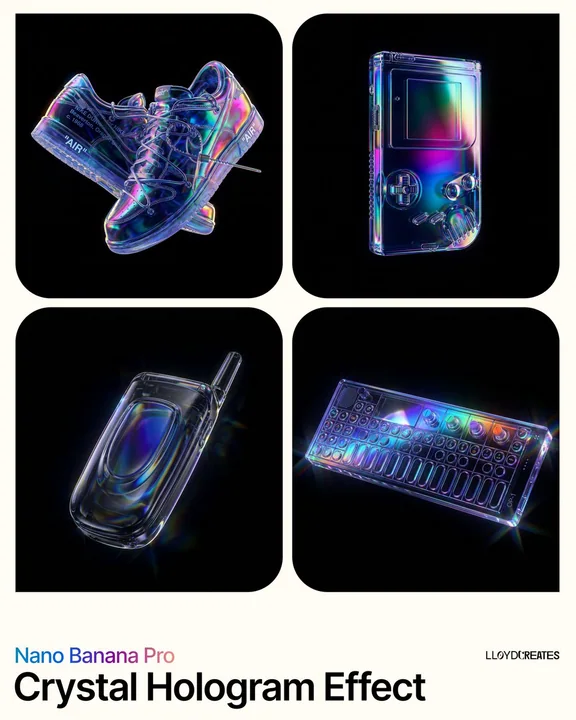 Photographie de produits holographiques suspendus en verre d'obsidienne avec des reflets colorés
