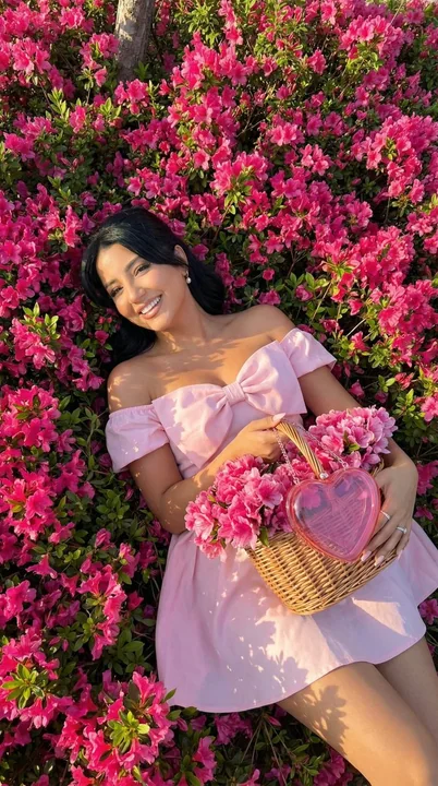 花海中俯拍的粉色裙子少女大片