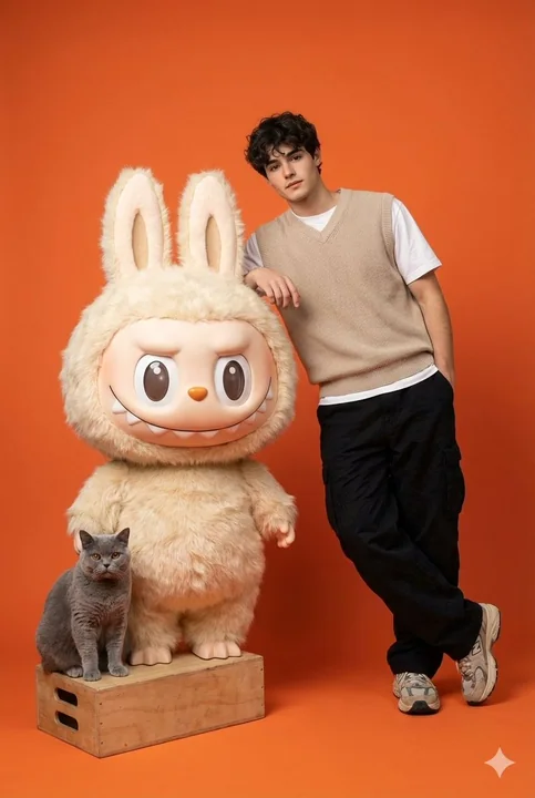 Gros plan en orange dans un studio de photo avec un homme stylé appuyé contre un gigantesque figurine de mode.