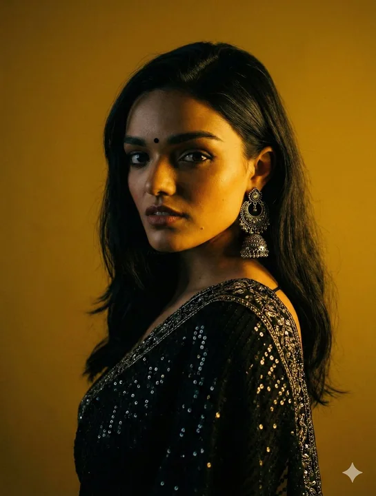 Belle femme en sari noir sous la lumière dorée de la nuit