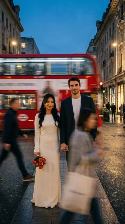 Crimson bus gliding through the tranquil lovers at dusk
