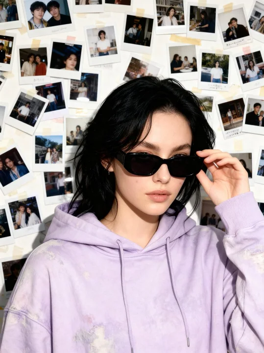 A girl in a light purple hoodie from the 90s retro film