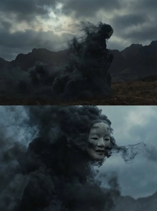 Gigantic energy mask phantom emerging from the black mist