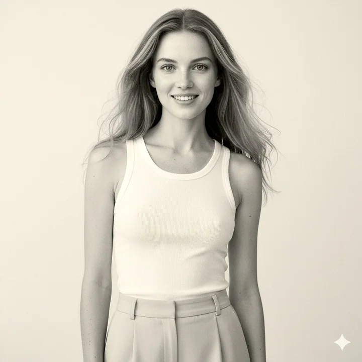 Studio black and white photo: Young girl's charming smile