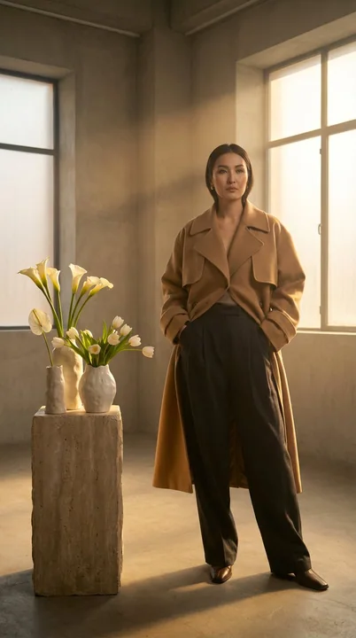 Kazakh supermodel camel coat high fashion photoshoot