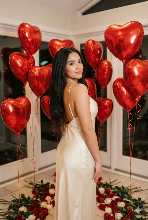 Jeune fille romantique entourée de roses et de ballons en forme de cœurs rouges
