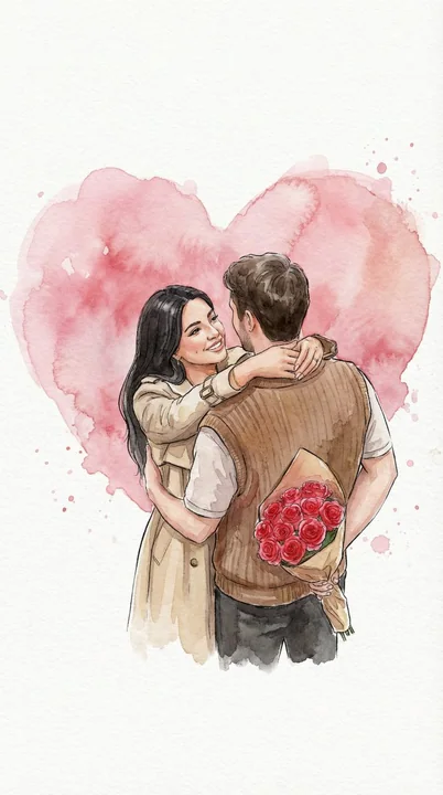 Romantic couple hugging illustration under a watercolor heart