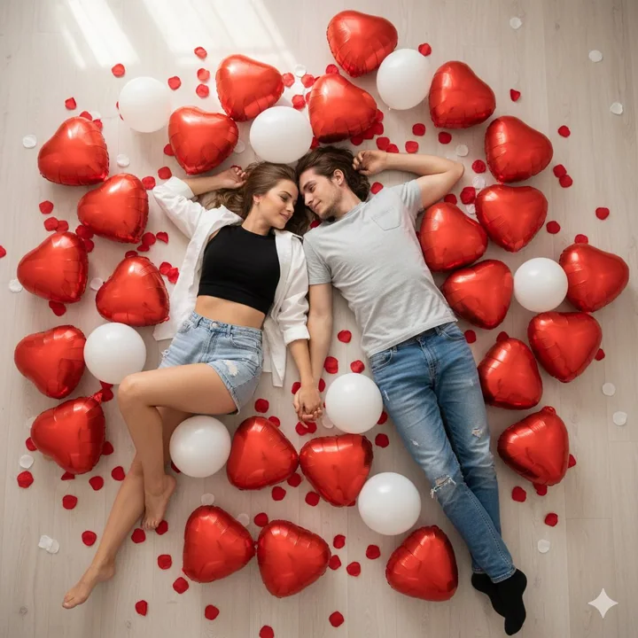 Couple romantique dominant une foule de ballons rouges à cœur