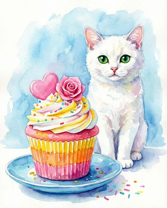 Chat de couleur pastel attendant des cupcake colorés