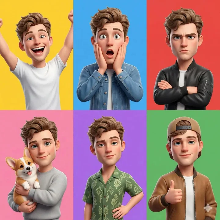 Ensemble d'expressions en 6 cases de garçon au style Pixar