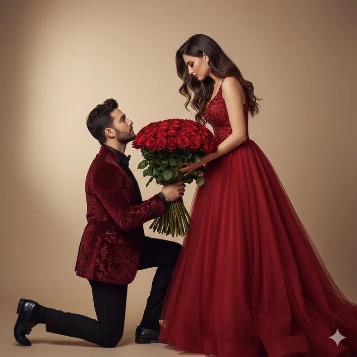 Proposition de mariage de niveau cinématographique dans des roses rouges ardentes