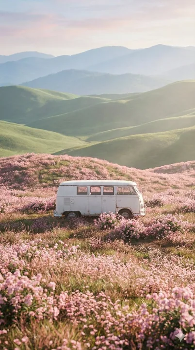 Un camionnette vintage blanc au milieu d'un océan de fleurs roses