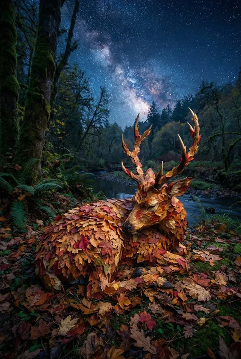 秋叶下的幻鹿在繁星和月光中