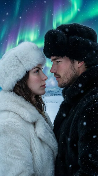 オーロラが雪の夜を照らす超現実的なカップルの真剣な視線