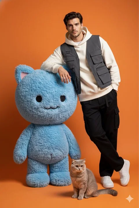 Orange Studio Fashion Guy with Elf Doll Photoshoot