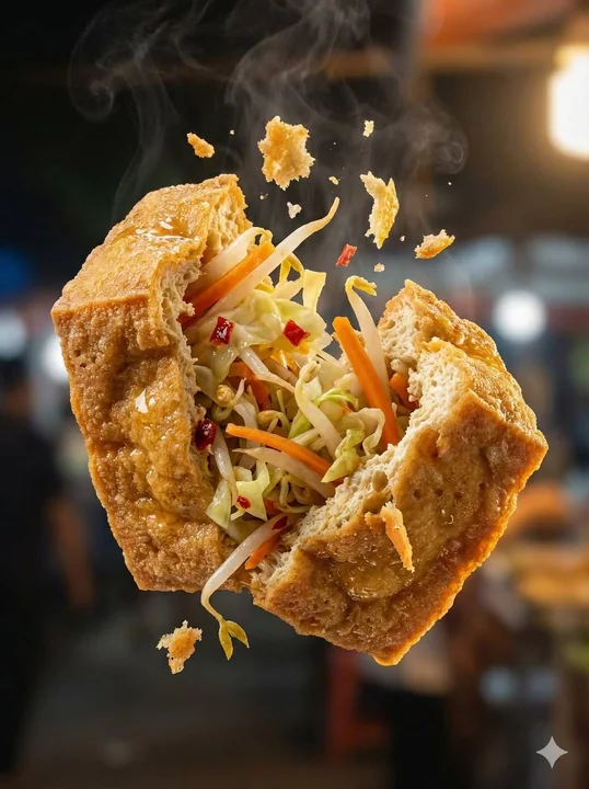 Night market fried food mid-air explosion and stringing close-up