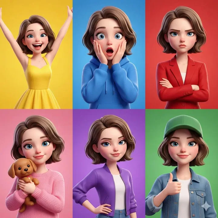 Fille au style Pixar - 6 carrés d'expressions